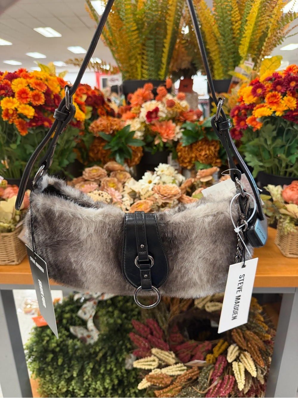 Steve Madden Gray Faux Fur Shoulder Bag with Black Trim
